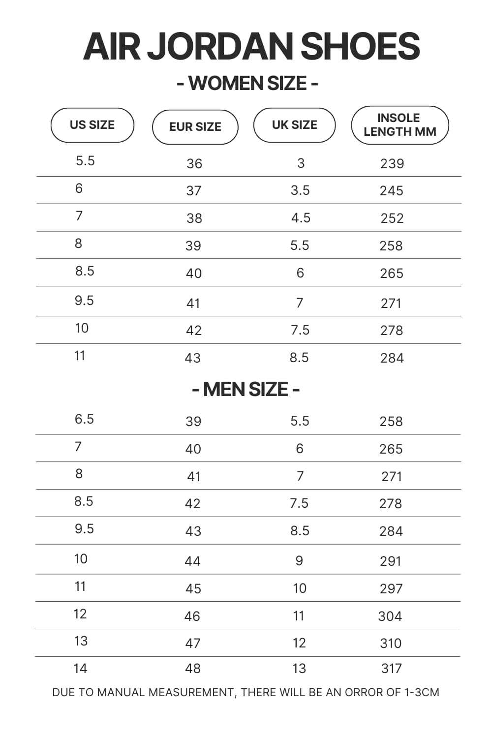 Air Jordan Shoes Size Chart - Gundam Merch