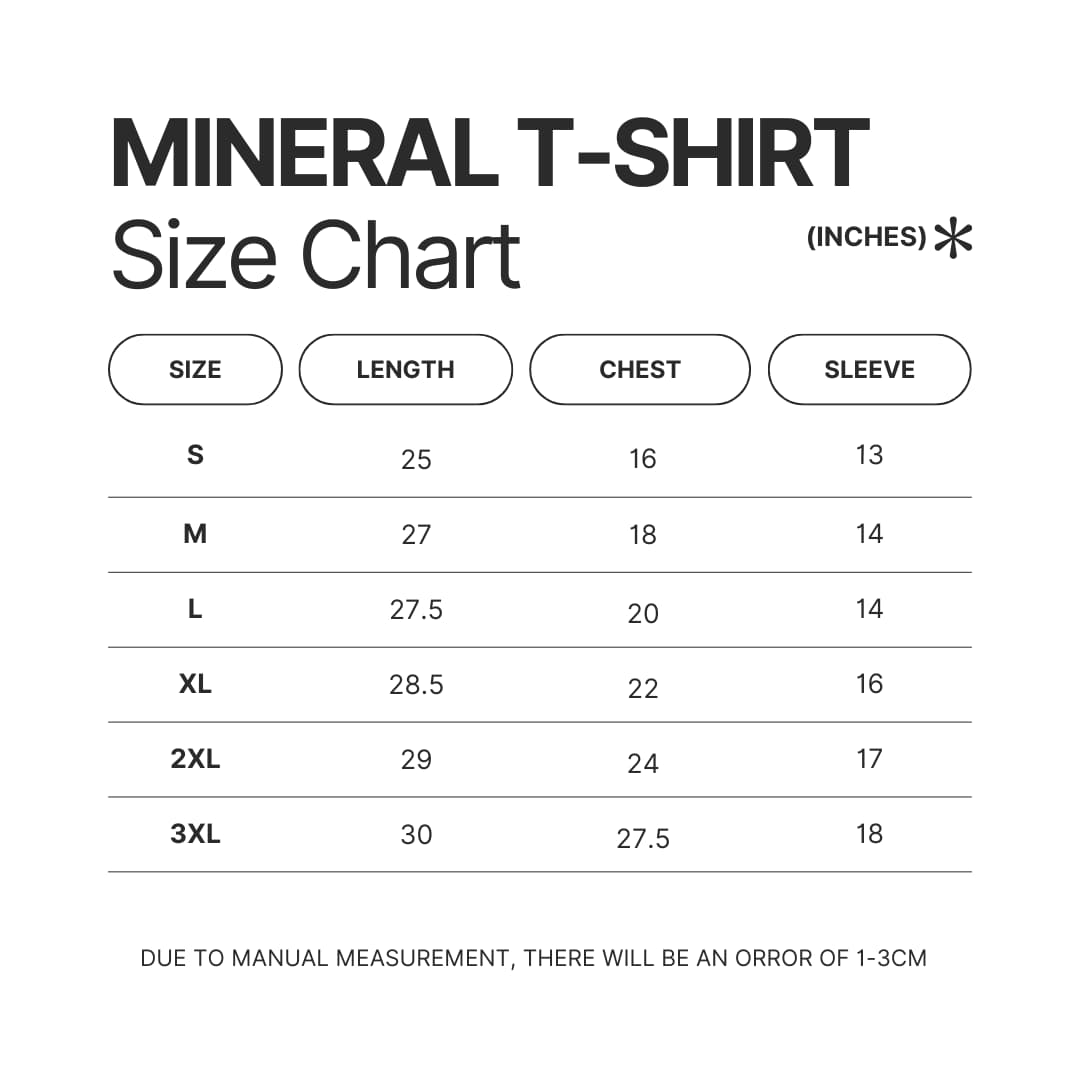 Mineral Wash T shirt Size Chart - Gundam Merch